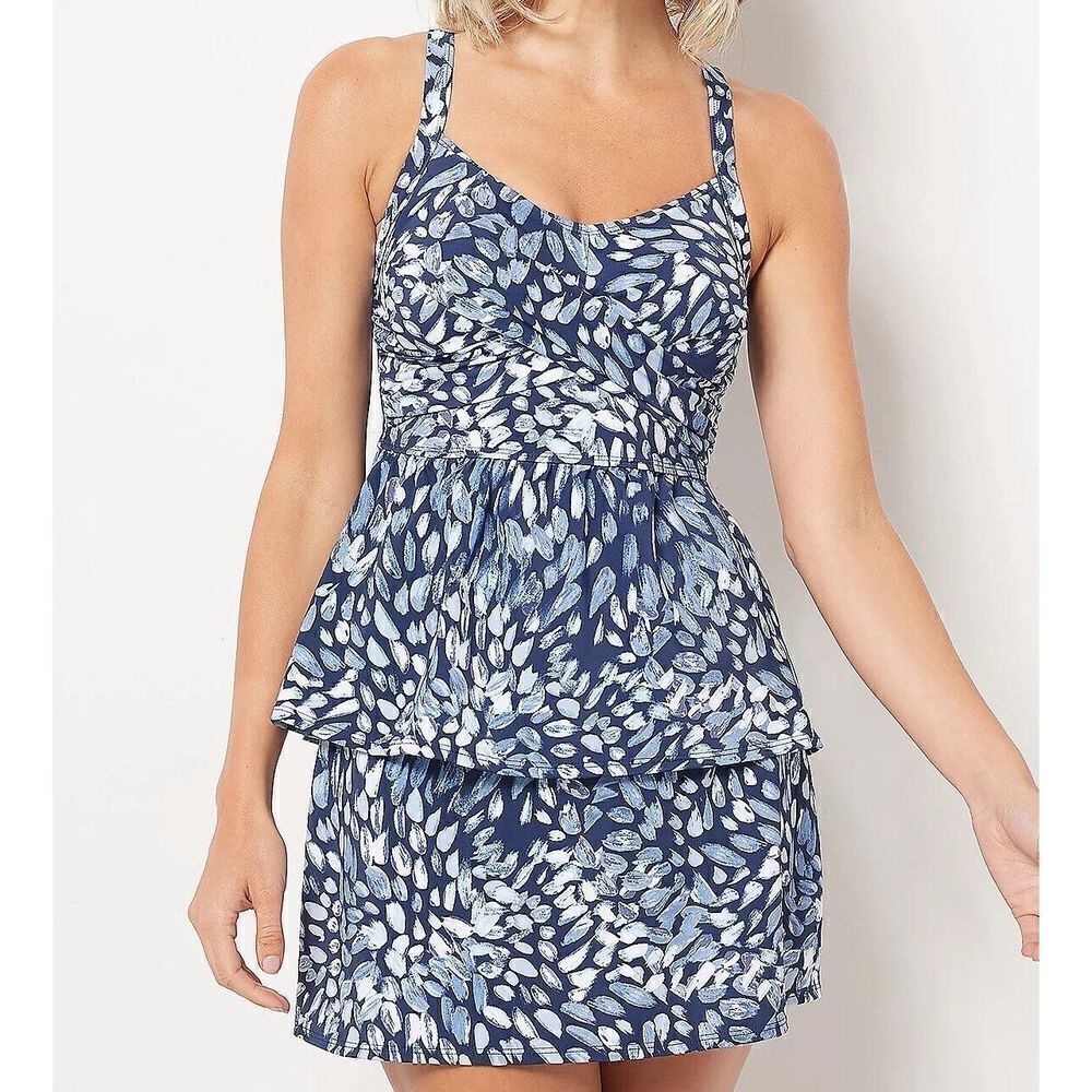 N-351 Denim & Co. Beach Twist Front Tankini with Skirt NAVY PAINTBRUSH sz 8